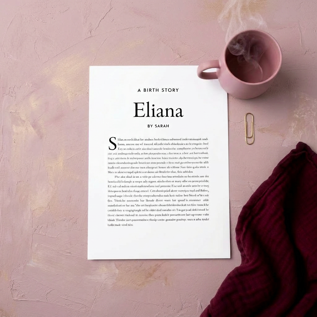 A printed page of a Pearl birth story PDF, set in Times Roman serif on white paper with a centered title, small-caps byline, and a three-line drop cap opening the body.